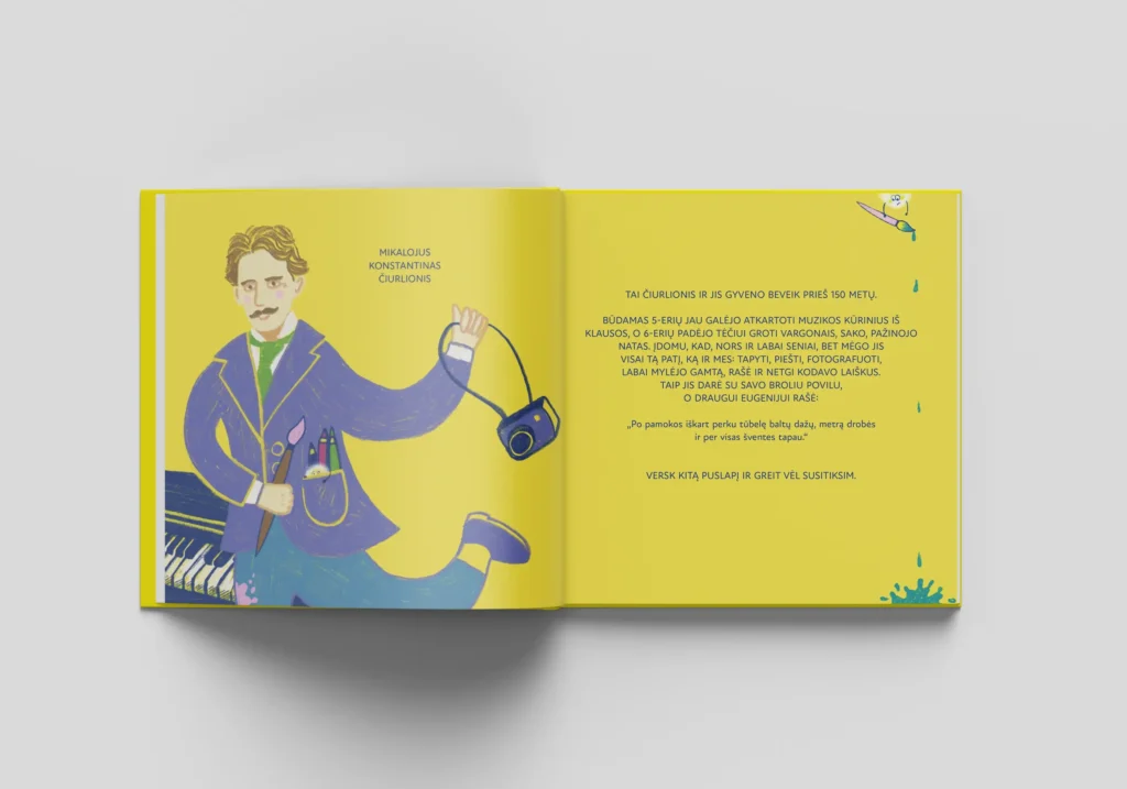 Open Čiurlionis ABC book with an illustrated portrait of M. K. Čiurlionis and introductory text on a yellow background.