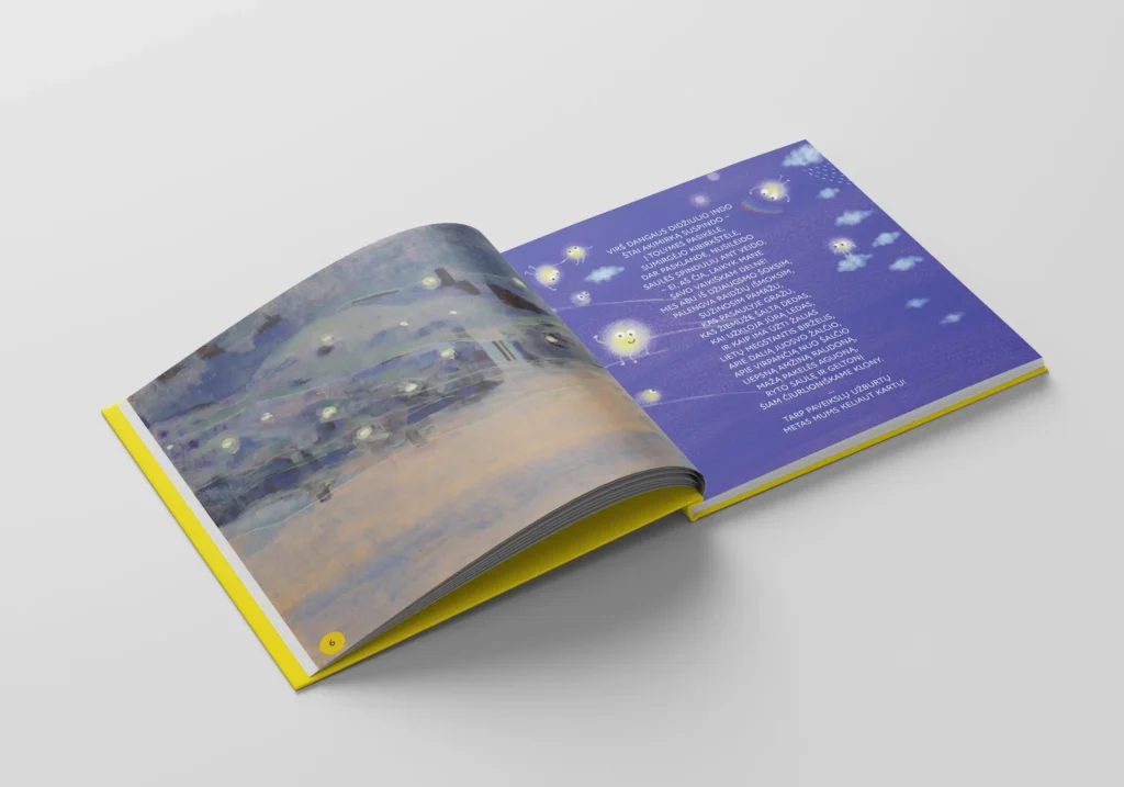 Open book pairing a misty blue Čiurlionis artwork with a purple page of poetry and small glowing characters.