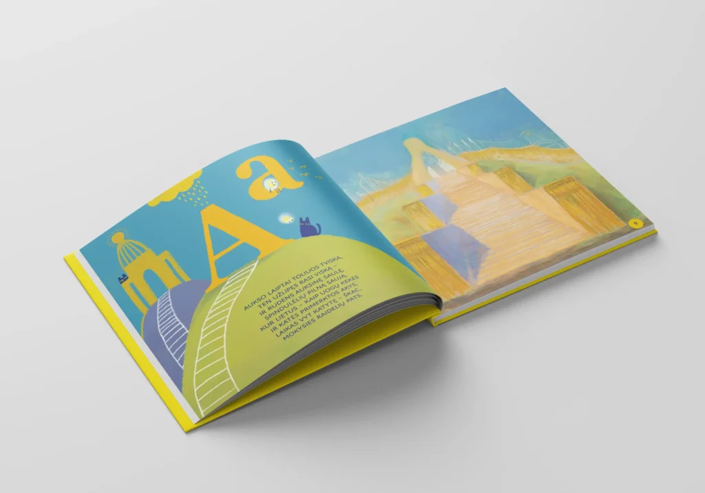 Open Čiurlionis ABC book showing a playful letter A composition alongside a luminous yellow and blue Čiurlionis artwork.