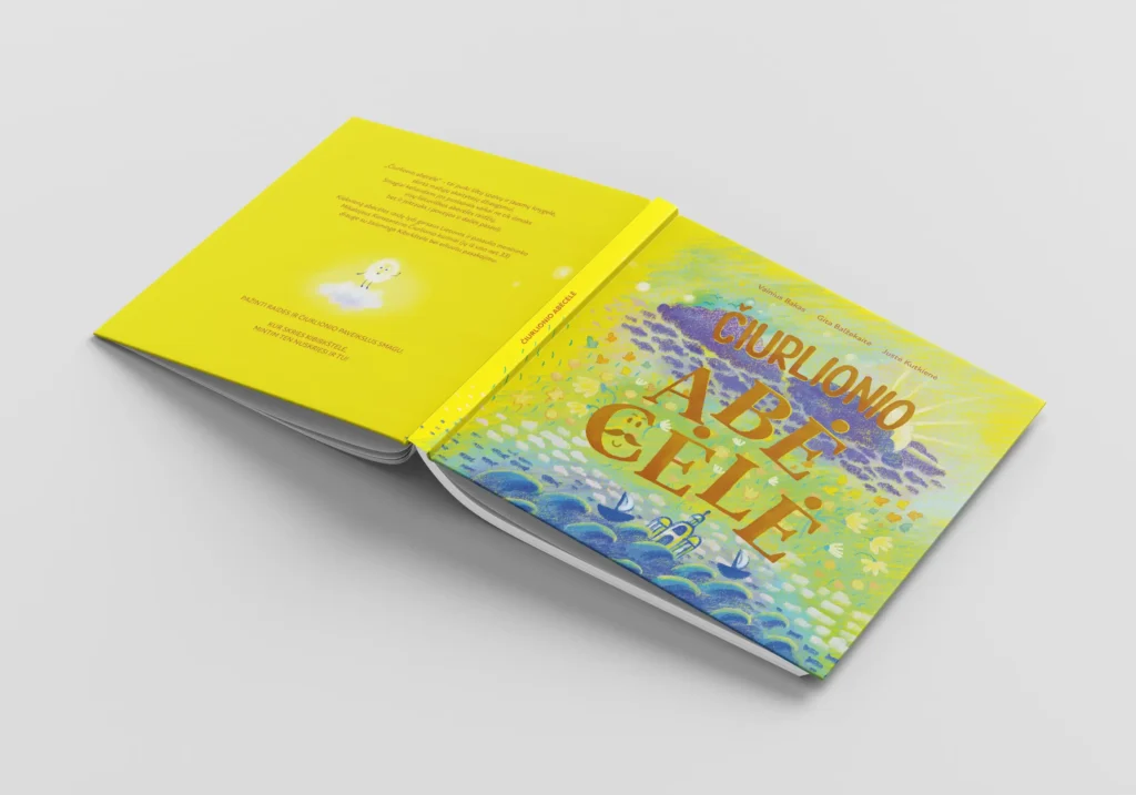 Čiurlionis ABC book opened to show its bright yellow back cover, spine and illustrated front cover.