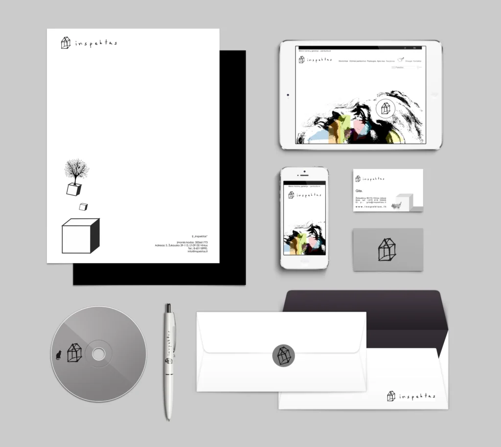 Branding presentation for Inspektas arranged on a grey background: letterhead, black folder, tablet and phone website mockups, business cards, CD, pen, and envelopes. The identity uses a hand-drawn geometric logo, lowercase “inspektas” lettering, and a mostly black-and-white palette.