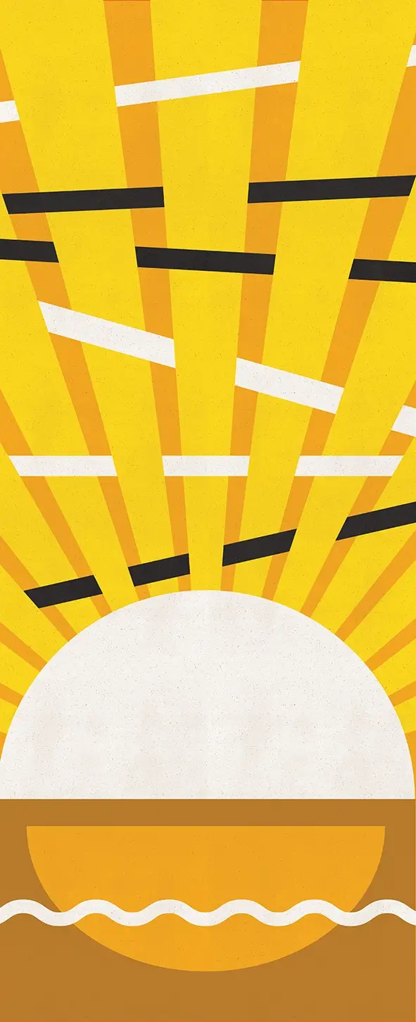 Bright yellow and orange geometric illustration with radiating vertical bands and crossing black and white lines. A large white semicircle meets an orange semicircle near the bottom, crossed by a wavy white line.