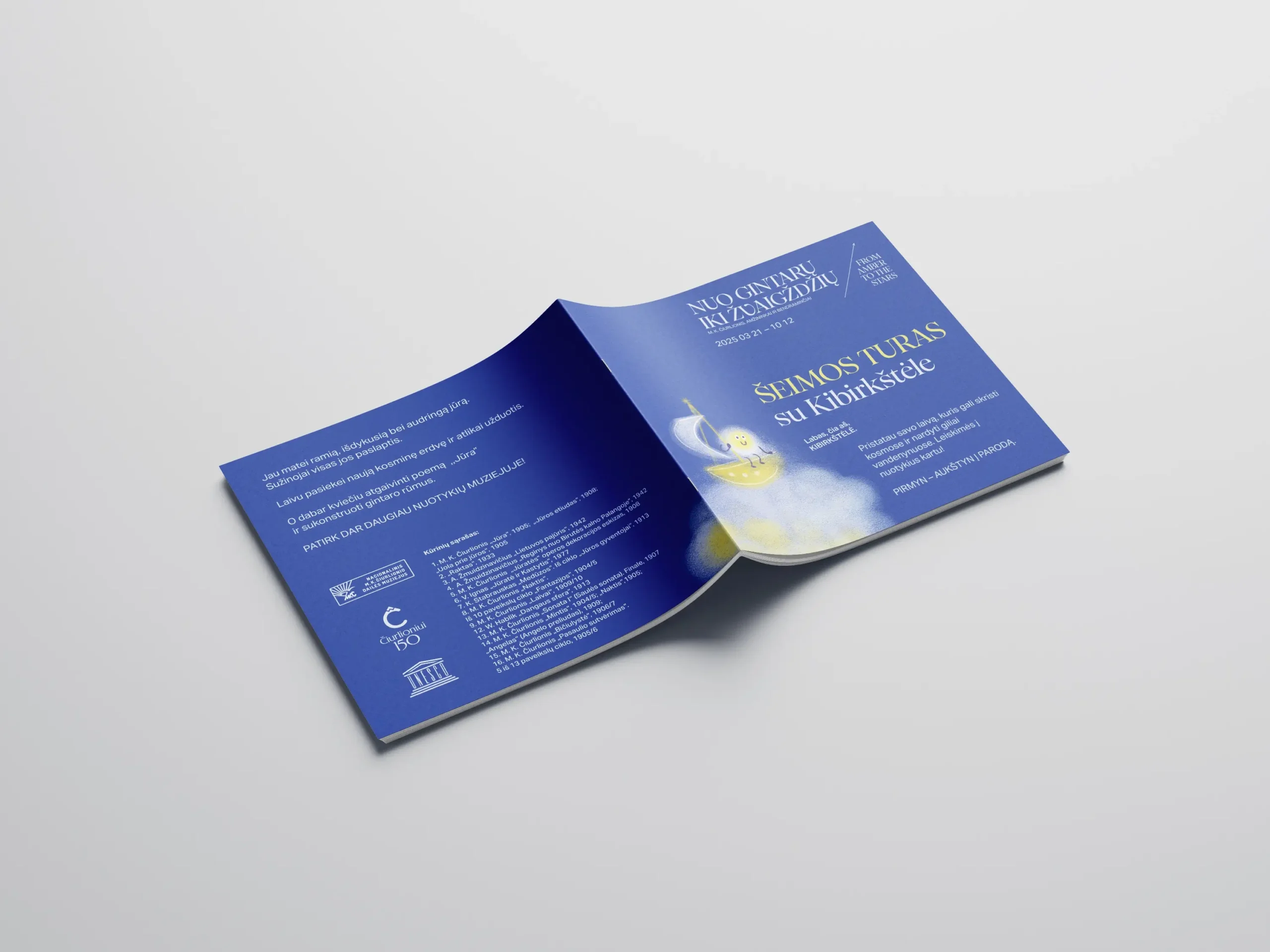 Open children’s activity booklet for the exhibition From Amber to the Stars, featuring Little Spark sailing through a deep blue, starry design.