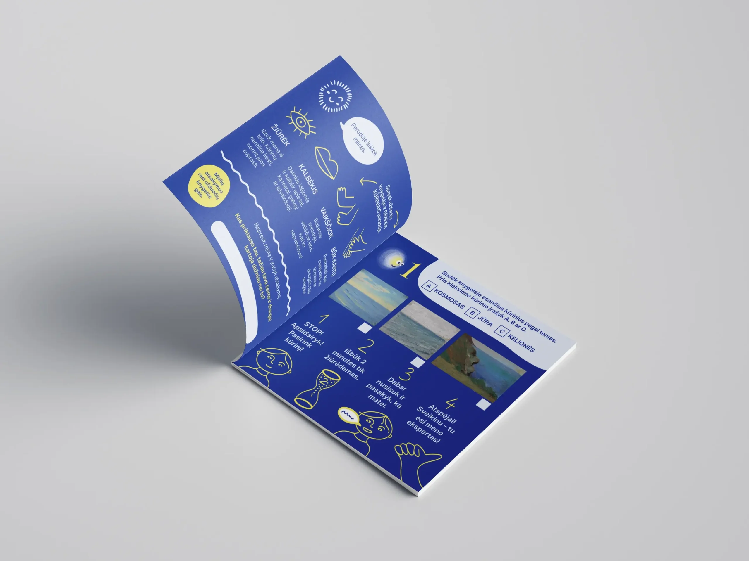 Open booklet with observation and drawing activities encouraging children to explore artworks in the exhibition, illustrated with playful line drawings and Little Spark.