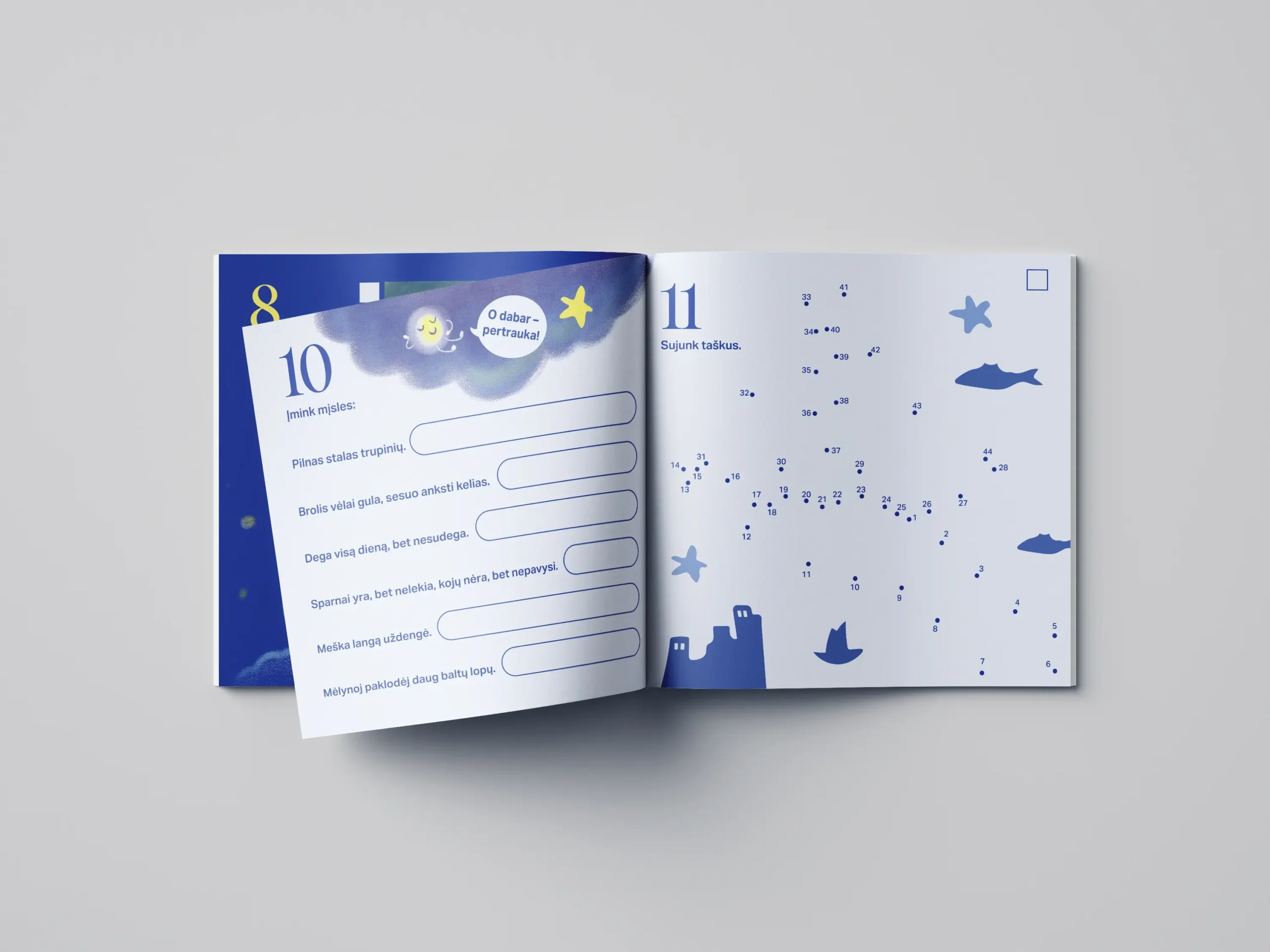 Open activity booklet with riddles and a connect-the-dots puzzle, using Little Spark and simple space-inspired graphics.