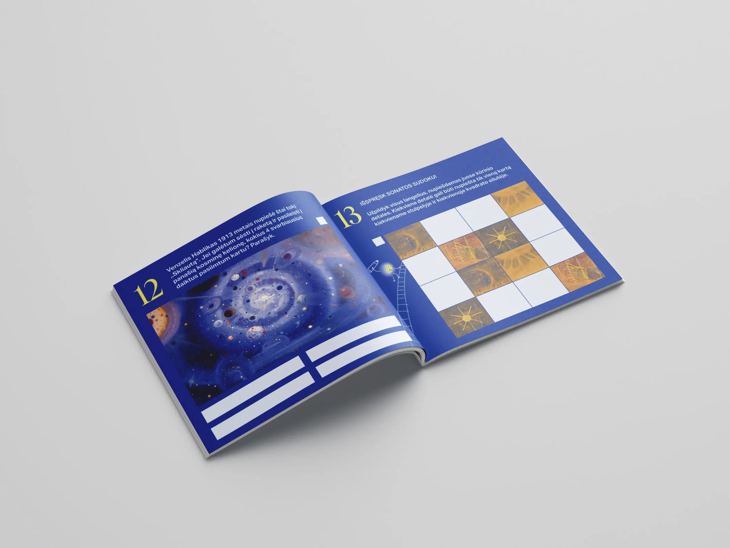 Open booklet with activities based on artworks from the exhibition, including a cosmic painting and a visual pattern puzzle.