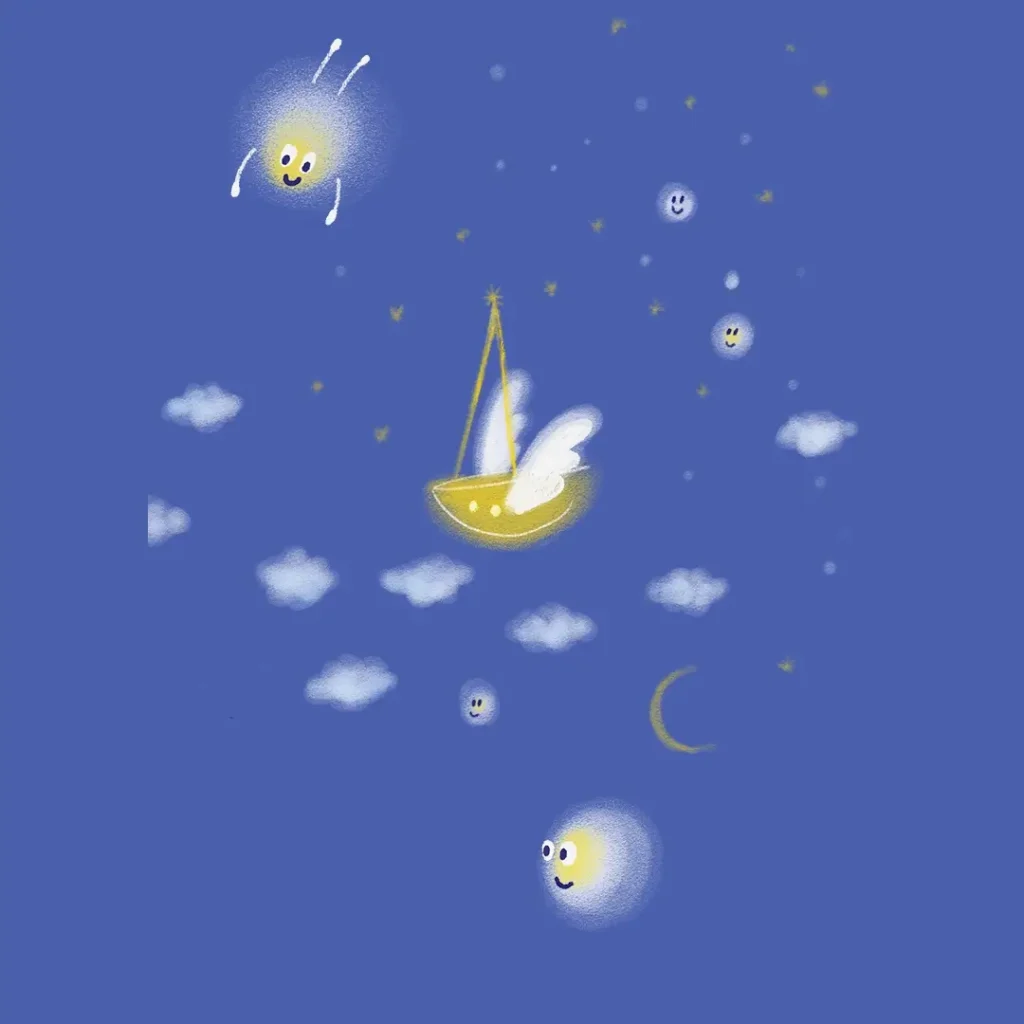 Little Spark characters float among clouds, stars and a crescent moon around a small golden sailing boat.