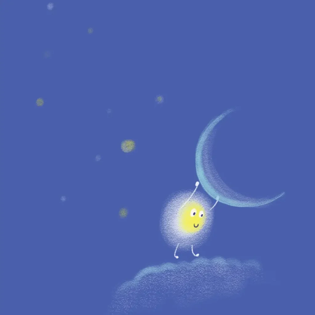 Little Spark playfully holds a large crescent moon against a deep blue night sky.