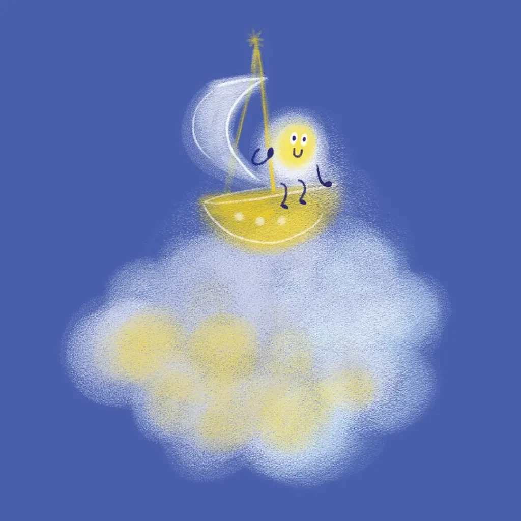 Little Spark sits in a small golden sailing boat floating above a softly glowing cloud.