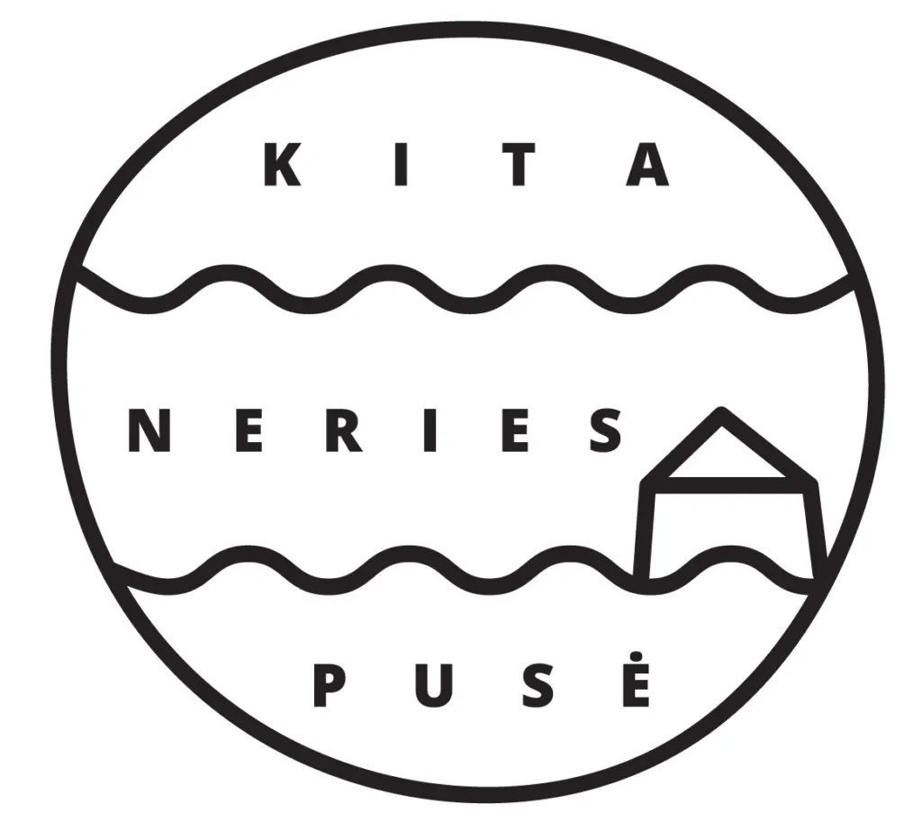 Black-and-white circular “KITA NERIES PUSĖ” logo. Two wavy horizontal lines represent the river, with a small geometric house shape emerging from the lower wave.