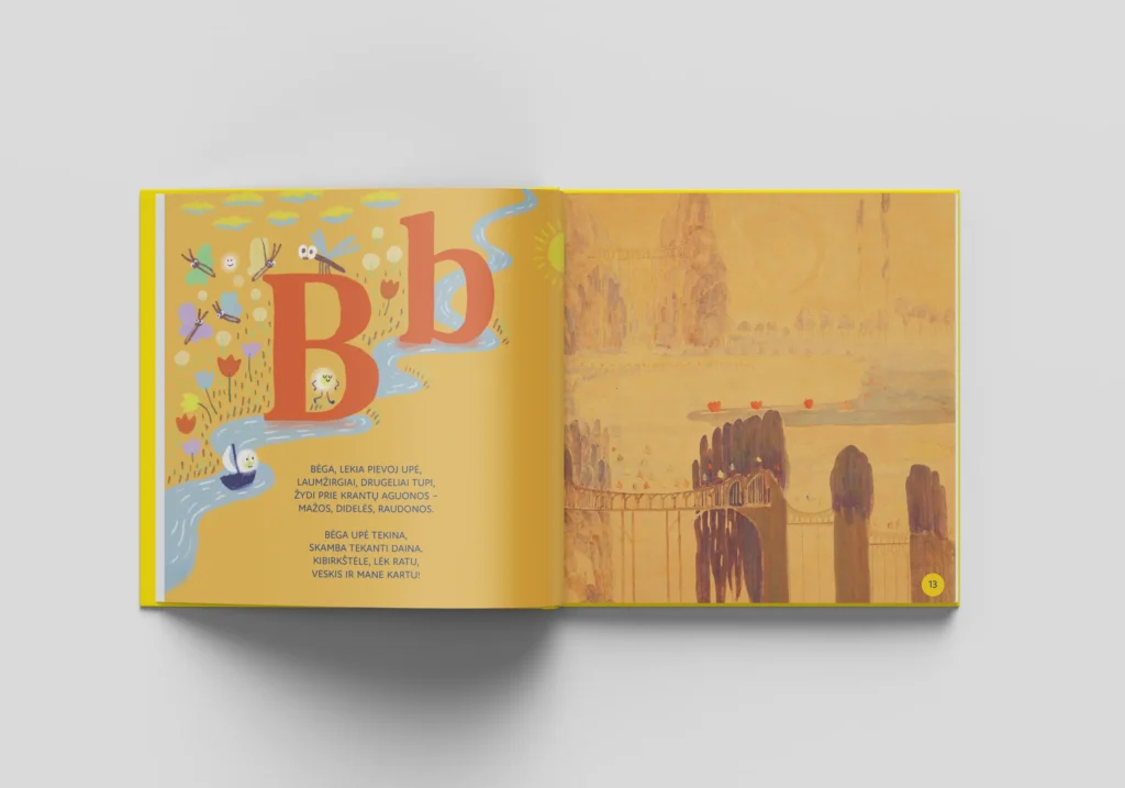 Open Čiurlionis ABC book showing the letter B with playful nature illustrations beside a warm-toned Čiurlionis artwork.