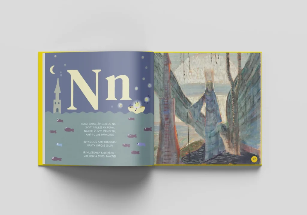 Open Čiurlionis ABC book showing the letter N, night-themed illustrations and a blue-toned Čiurlionis artwork.