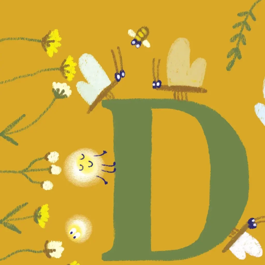 Illustrated letter D surrounded by butterflies, flowers and small glowing characters in warm ochre and green tones.