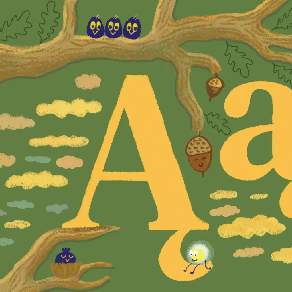 Illustrated letter A among oak branches, acorns and playful characters in a green and golden colour palette.