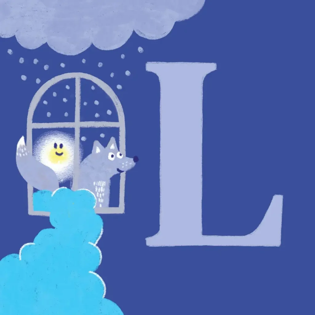 Illustrated letter L with a wolf looking through a snowy window, accompanied by a small glowing character.