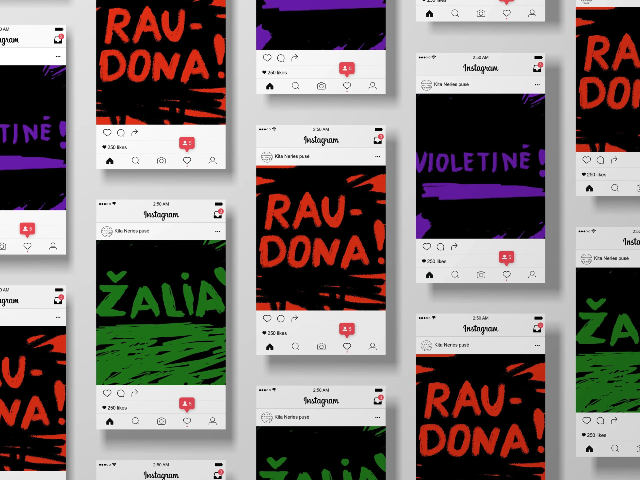 Collage of Instagram-style posts with expressive painted lettering in red, purple and green on black. Visible words include “RAUDONA!” (“Red!”), “VIOLETINĖ!” (“Purple!”) and “ŽALIA” (“Green”).