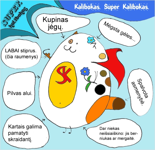 Playful hand-drawn poster titled “Kalibokas. Super Kalibokas.” A round white superhero-like character is surrounded by colorful objects and speech bubbles reading “Full of strength.”, “Likes flowers…”, “VERY strong. (these are muscles)”, “A belly for beer.”, “Colorful personality.”, “Sometimes he can be seen flying.” and “No one has figured out yet whether he is a boy or a girl.”