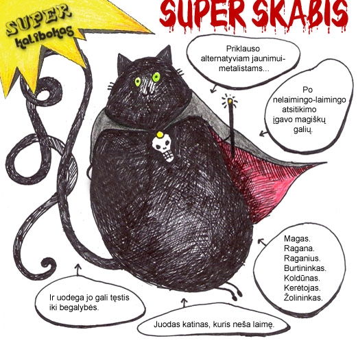 Hand-drawn poster titled “SUPER SKABIS” featuring a large black cat with bright green eyes, a skull pendant and a very long curling tail. Speech bubbles say “Part of the alternative youth and metalhead scene…”, “After an unfortunate-fortunate accident, he gained magical powers”, “Magician. Witch. Warlock. Wizard. Dumpling. Sorcerer. Herbalist.”, “And his tail can stretch to infinity.” and “A black cat who brings good luck.”