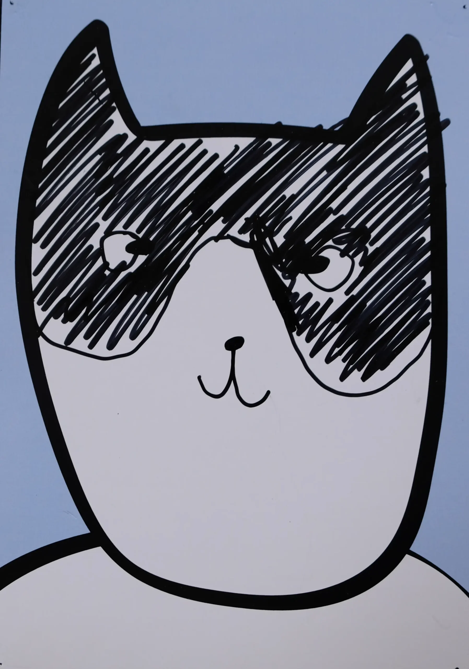 Close-up of a simple cat portrait drawn in black marker on a pale blue background. The cat has pointed ears, large eyes, a tiny nose, and boldly scribbled dark markings around its eyes and ears.