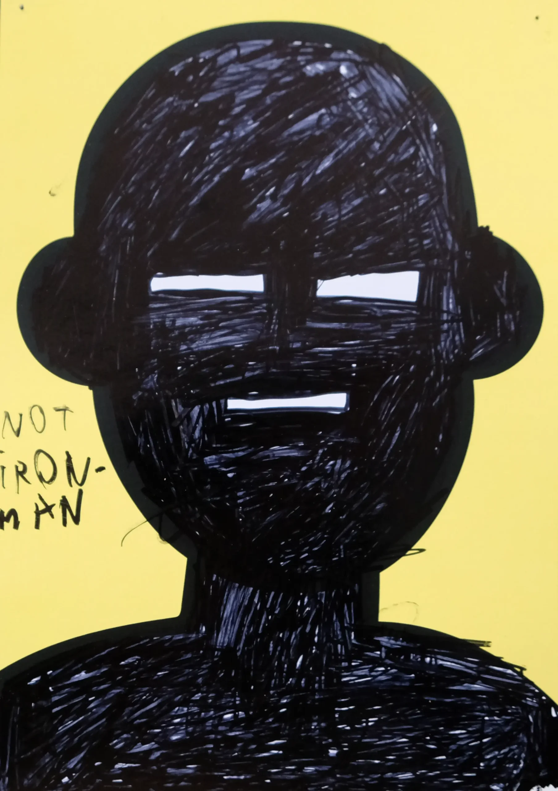 A human portrait on a yellow background is almost completely filled with energetic black marker strokes. Narrow white areas remain around the eyes and mouth, creating a striking, graphic expression.