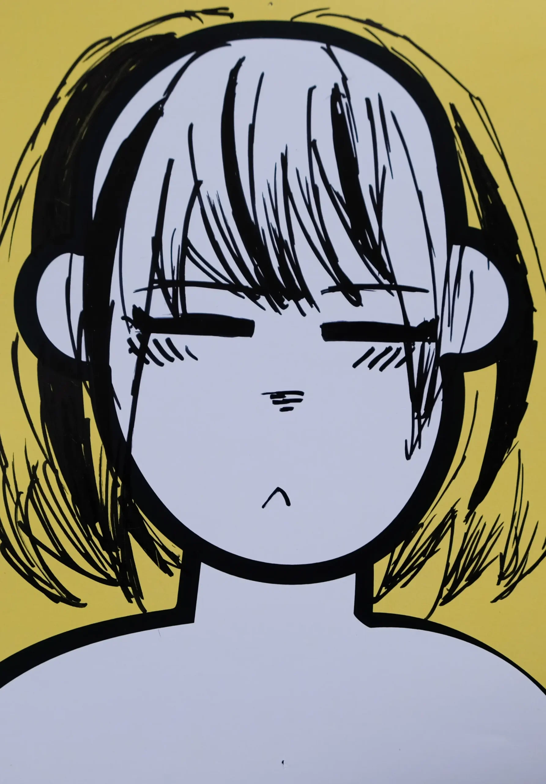 A stylized face drawn in thick black marker on a yellow background, with closed eyes, a small downturned mouth, and loose, energetic lines forming a bob haircut and long fringe.