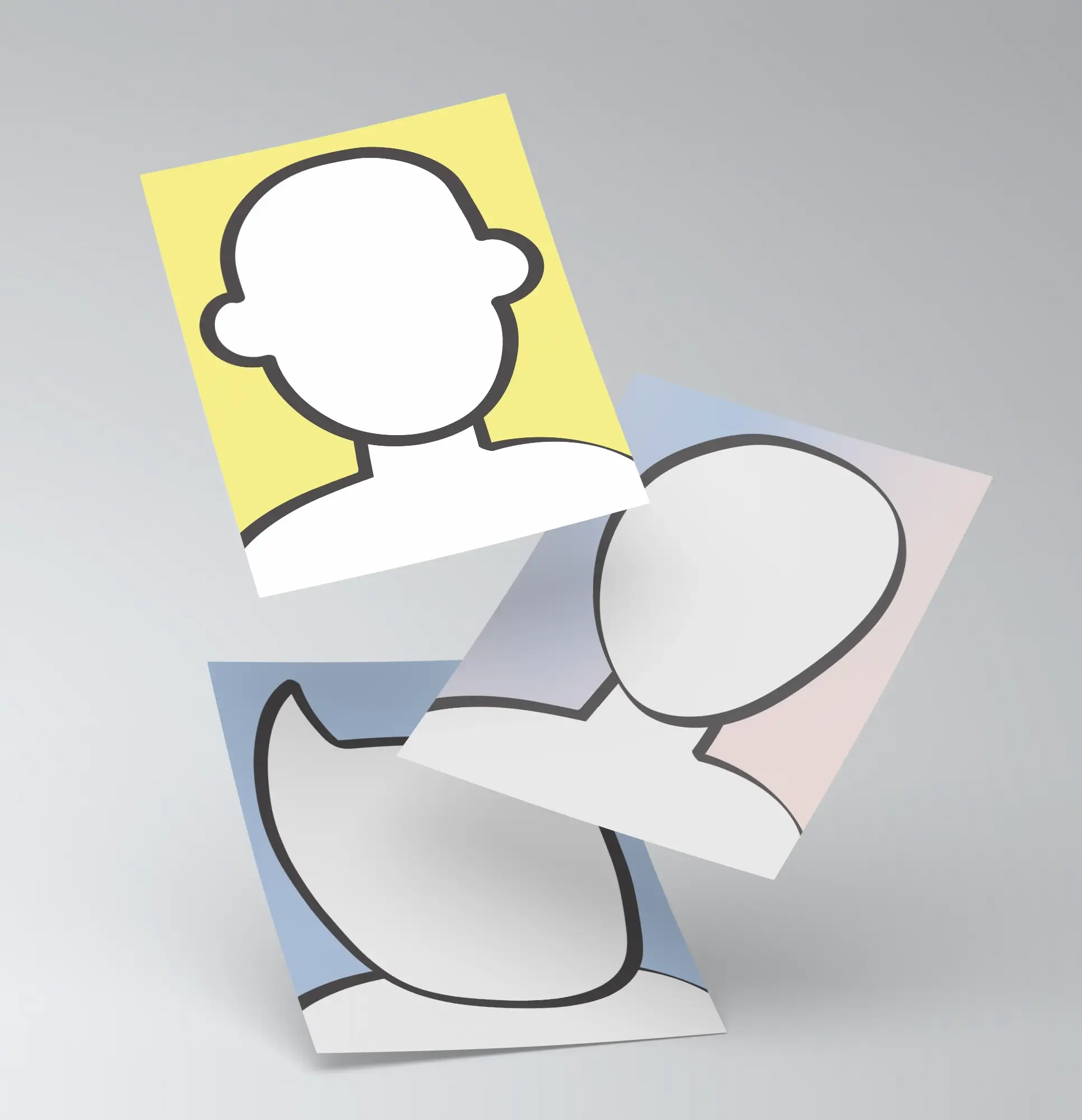 Three overlapping cards show simple, thick black outlines of blank human and cat portraits against soft yellow, blue, and pink backgrounds, ready for participants to add their own faces and details.
