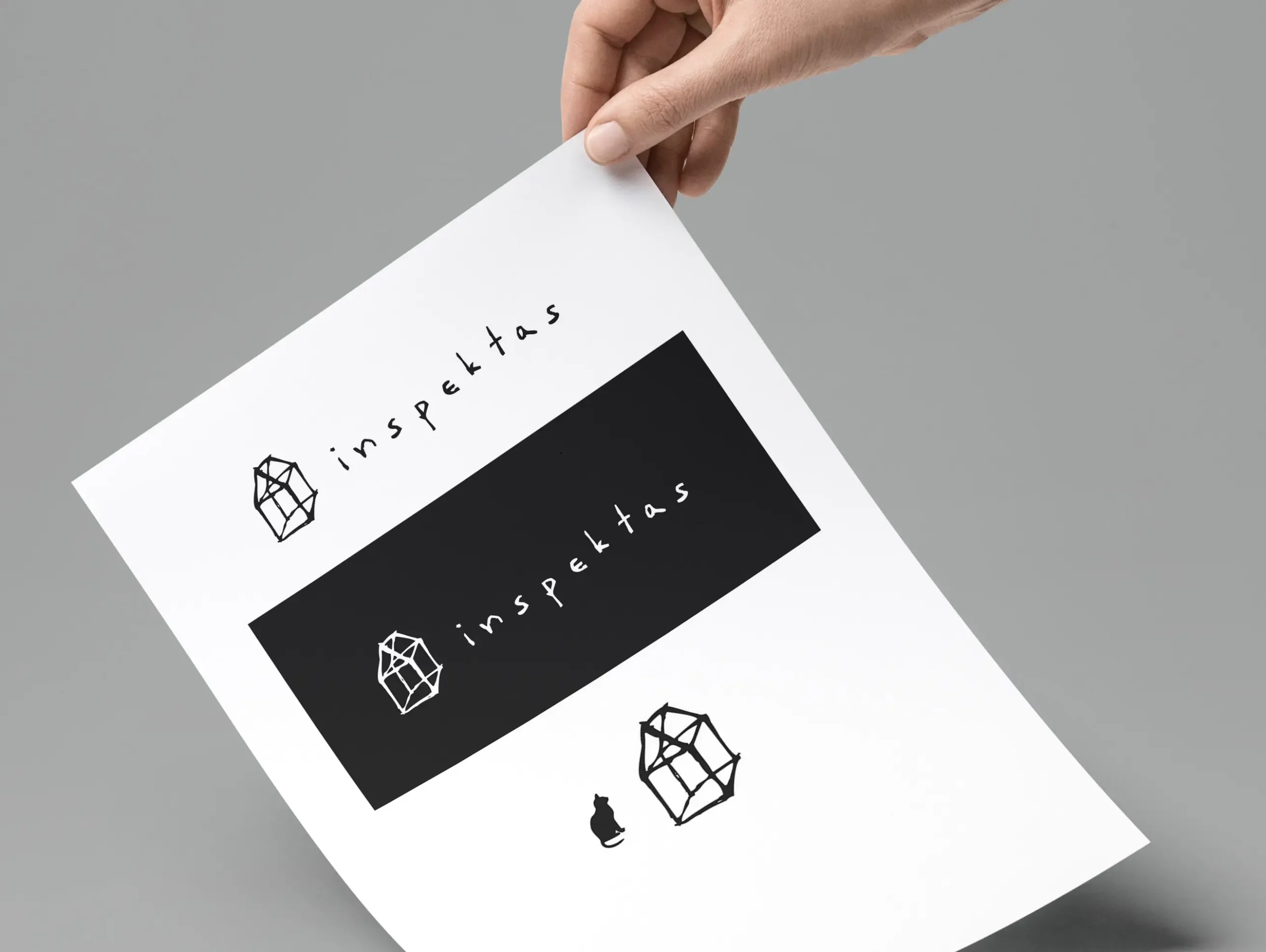 A hand holds a white sheet showing three versions of the Inspektas visual identity: black logo and text on white, white logo and text on a black rectangle, and a larger hand-drawn geometric logo beside a small black cat silhouette.