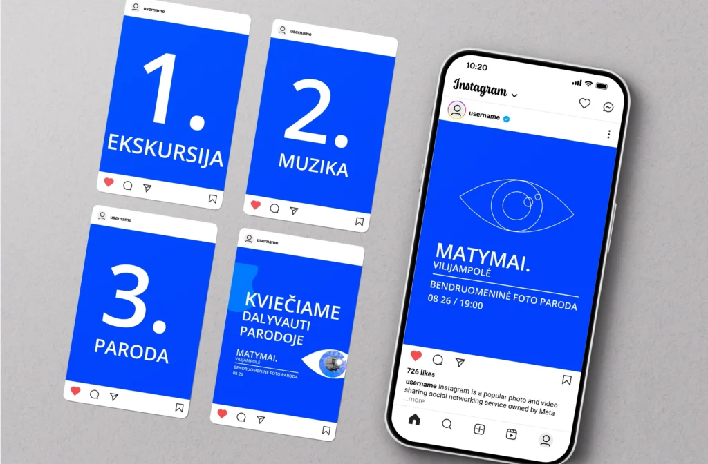 A collection of blue Instagram graphics presented beside a smartphone mockup. Three posts read “1. EKSKURSIJA,” “2. MUZIKA,” and “3. PARODA” (“1. Excursion,” “2. Music,” “3. Exhibition”), while another invites people to participate. The phone displays the exhibition announcement: “MATYMAI. VILIJAMPOLĖ. BENDRUOMENINĖ FOTO PARODA. 08 26 / 19:00” (“Matymai. Vilijampolė. Community photo exhibition. 08/26, 19:00”).