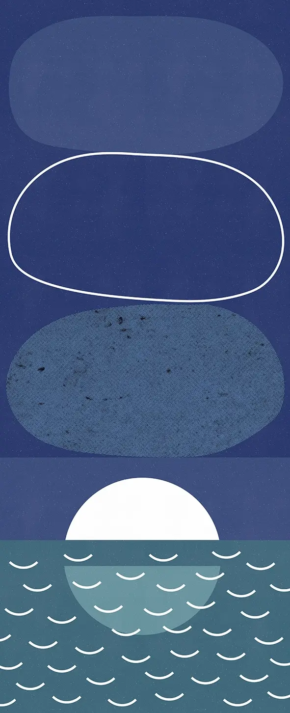 Vertical abstract illustration in deep blue and teal, with stacked rounded shapes outlined in white. At the bottom, a white half-circle rises above stylized water made of small white waves.