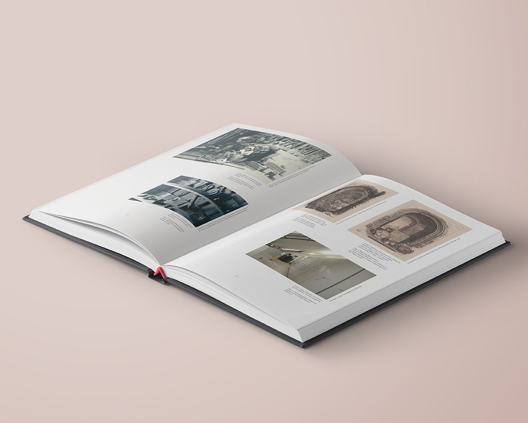 Open archaeology catalogue showing a clean museum-style spread with archival photographs, archaeological illustrations and short object descriptions arranged across white pages.