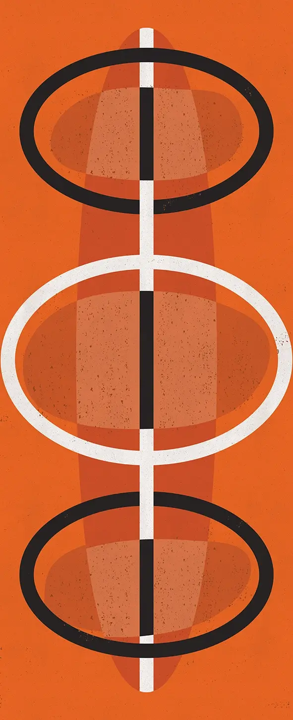 Vertical geometric illustration on a bright orange background, featuring three large oval rings connected by a central black-and-white vertical line.