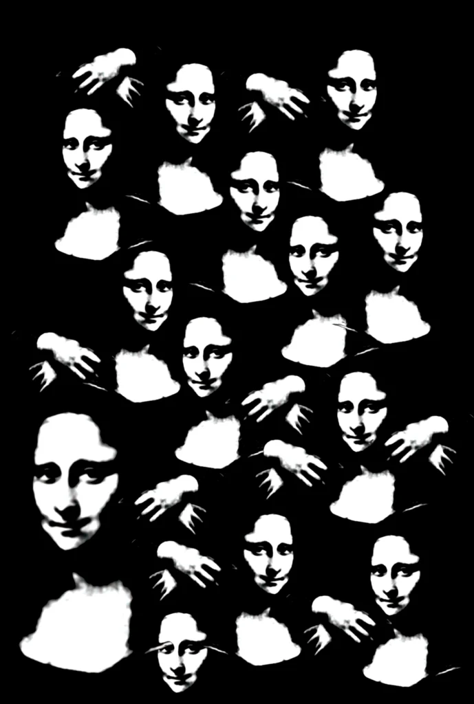 High-contrast graphic composition on a black background with repeated white Mona Lisa faces, hands and torso-like shapes scattered in an irregular pattern.