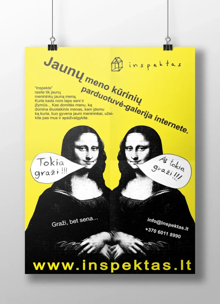 Bright yellow poster advertising the Inspektas young artists’ online gallery. Two mirrored Mona Lisa figures face each other with speech bubbles saying “So beautiful!!!” and “I’m so beautiful!!!”. Large text reads “Online shop-gallery for works by young artists.” The paragraph says: “At Inspektas you will find young art by young artists, who may one day become old and famous… If you are interested in art, contemporary art, or curious about what young artists create and how they live, come in and have a look around.” Additional text reads “Beautiful, but old…”, “info@inspektas.lt”, “+370 6011 8990” and “www.inspektas.lt”.