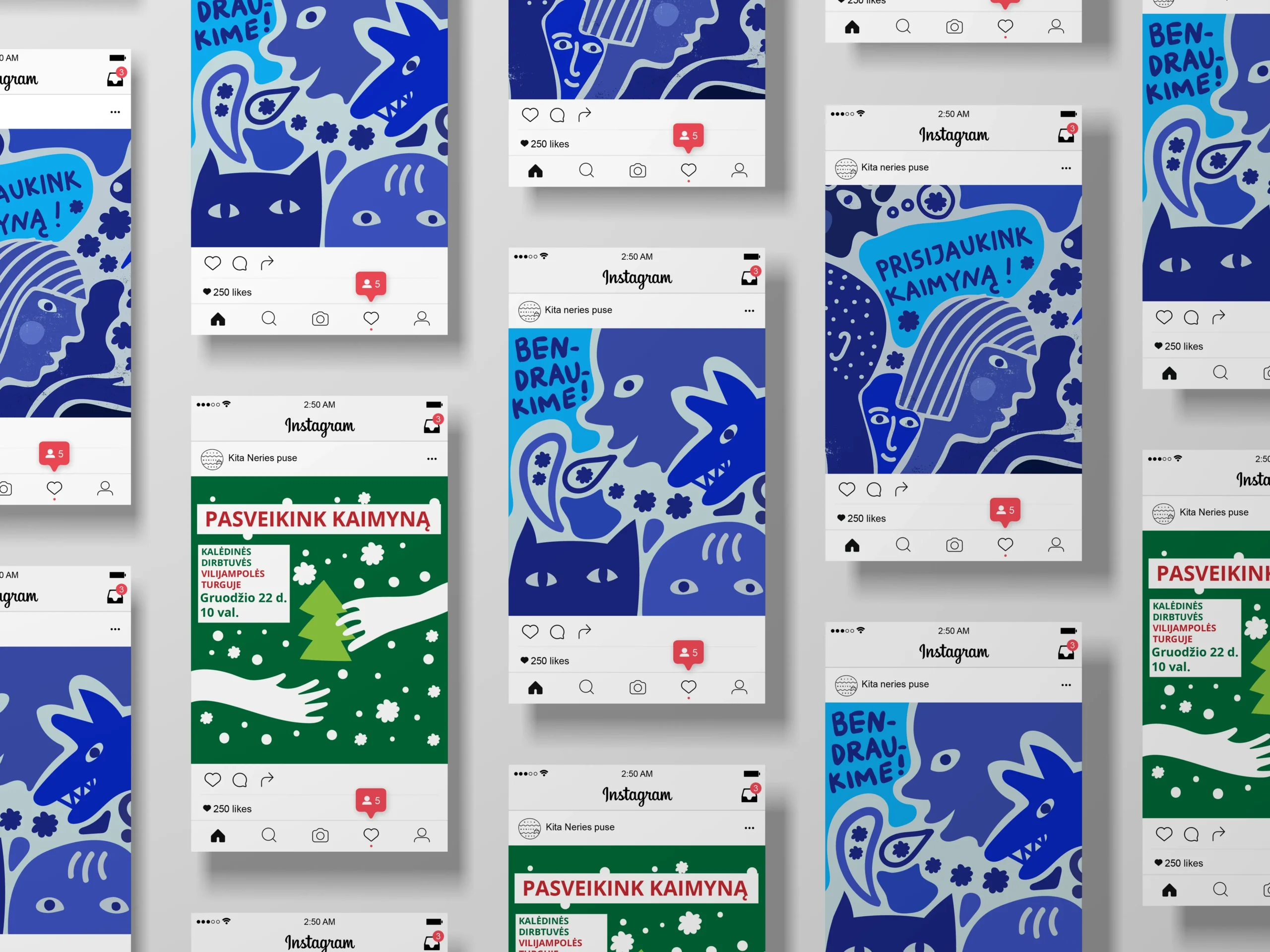 A collage of Instagram-style posts promoting the Vilijampolė neighbourhood community. Playful blue illustrations show abstract neighbours, faces, flowers and animals alongside the Lithuanian phrases “Prisijaukink kaimyną!” (“Get to know your neighbour!”) and “Bendraukime!” (“Let’s connect!”). Green Christmas-themed posts invite residents to greet their neighbours and join community activities.