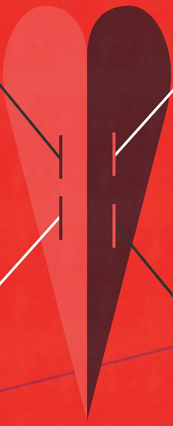 Vertical abstract illustration in vivid red, with two long rounded forms—one lighter red and one dark burgundy—meeting in a sharp point at the bottom. Thin black and white diagonal lines cross the composition.