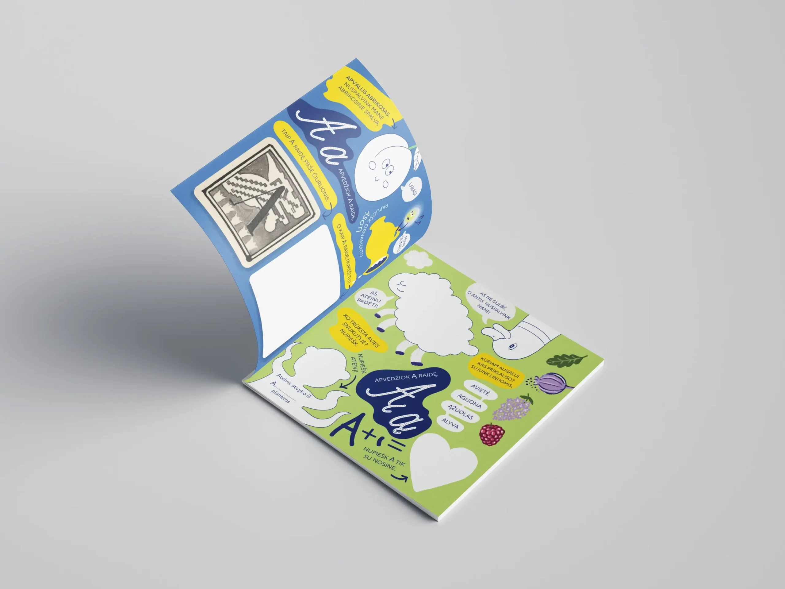 Open workbook with colourful letter A activities combining playful illustrations, writing and drawing exercises, and a sketch by M. K. Čiurlionis.