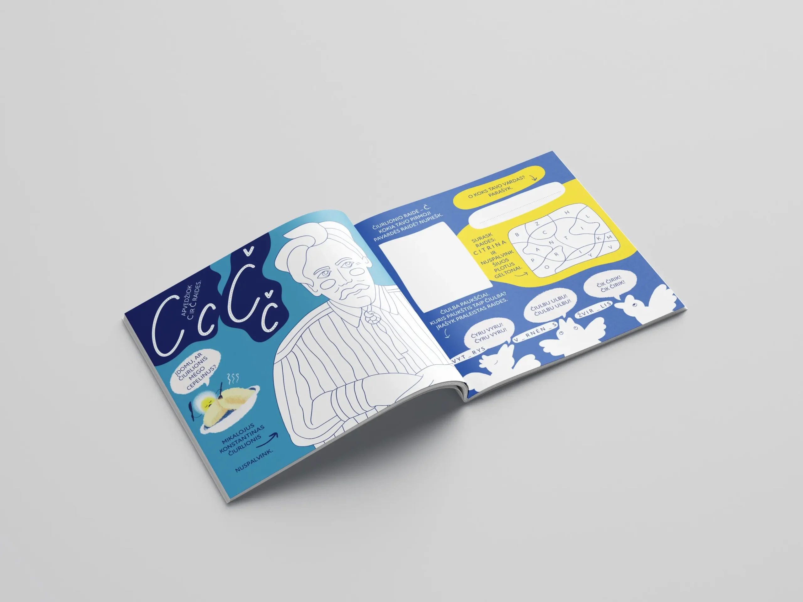 Open workbook spread featuring letter Č exercises, a portrait colouring activity of M. K. Čiurlionis, word games and playful illustrated characters.