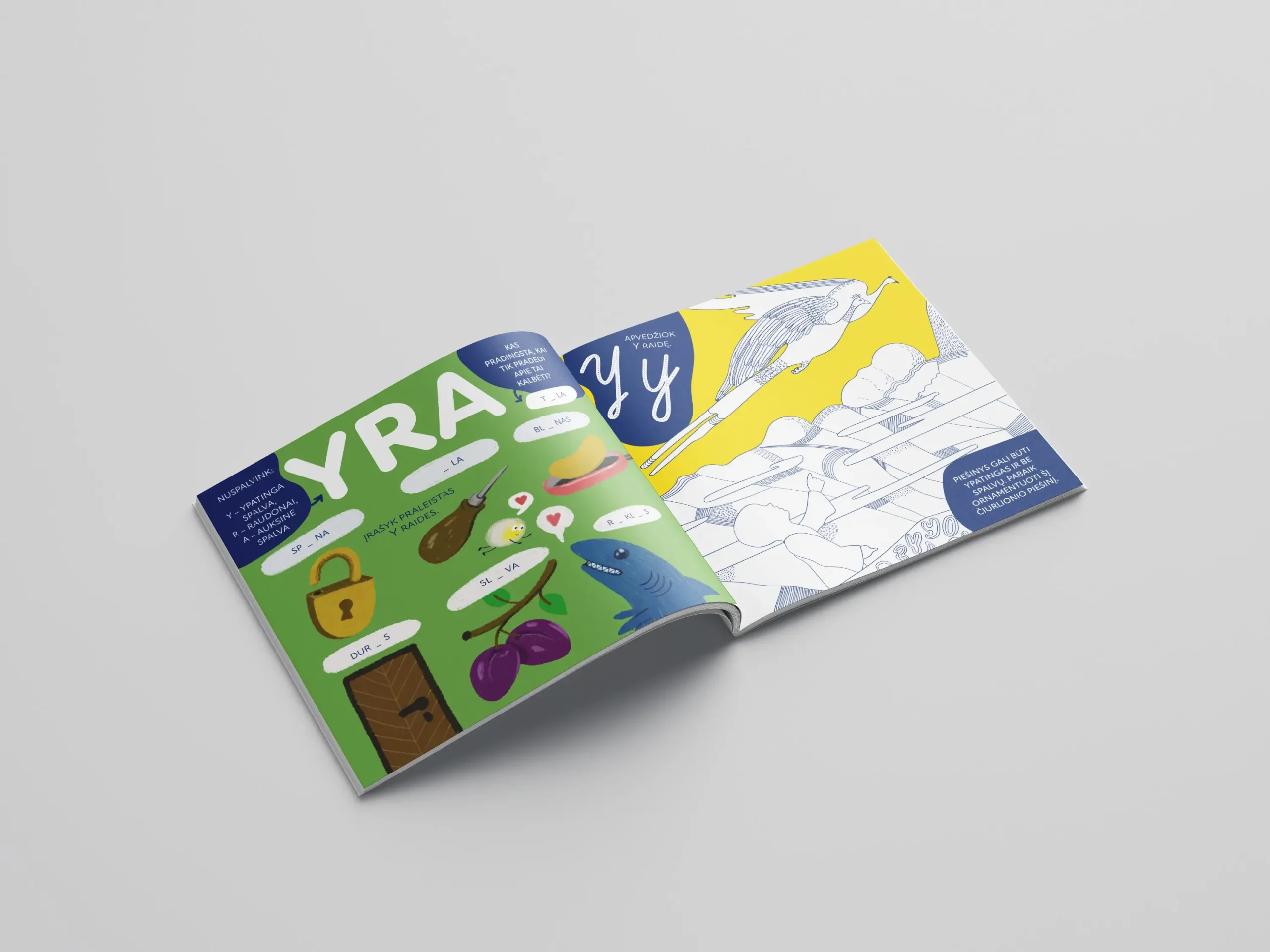 Open workbook featuring letter Y word exercises and colourful illustrations alongside a colouring activity based on a Čiurlionis drawing.