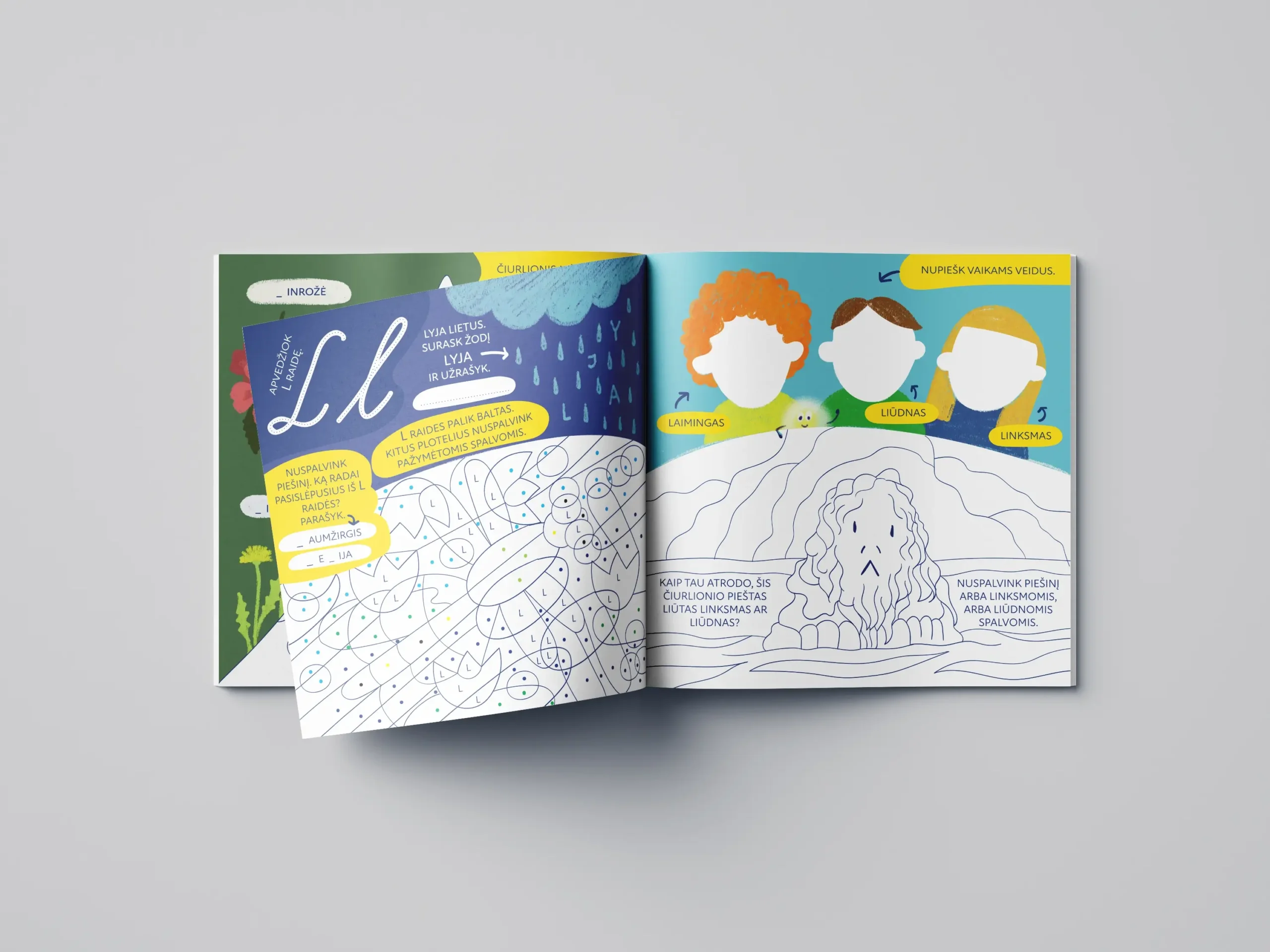 Open workbook with letter L exercises, a detailed colouring activity and an illustrated page exploring facial expressions and emotions.