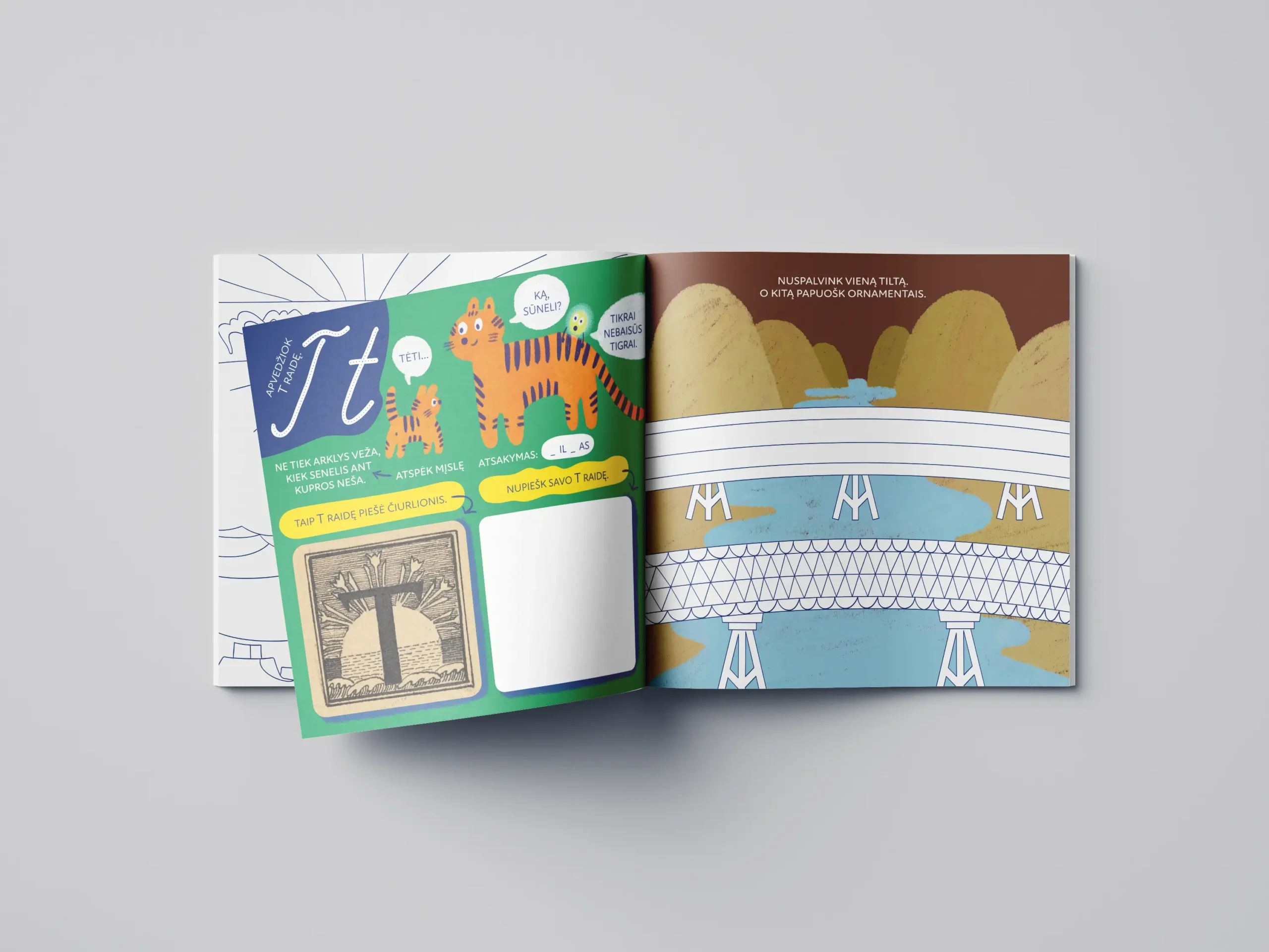 Open workbook featuring letter T puzzles and playful tiger illustrations alongside a bridge colouring and decorating activity inspired by Čiurlionis’s work.