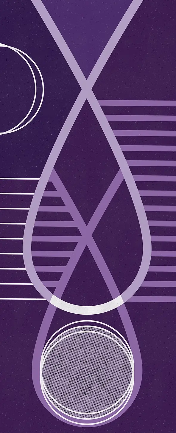 Vertical purple geometric illustration with looping lavender lines, horizontal stripes and overlapping circular forms in white and pale purple.
