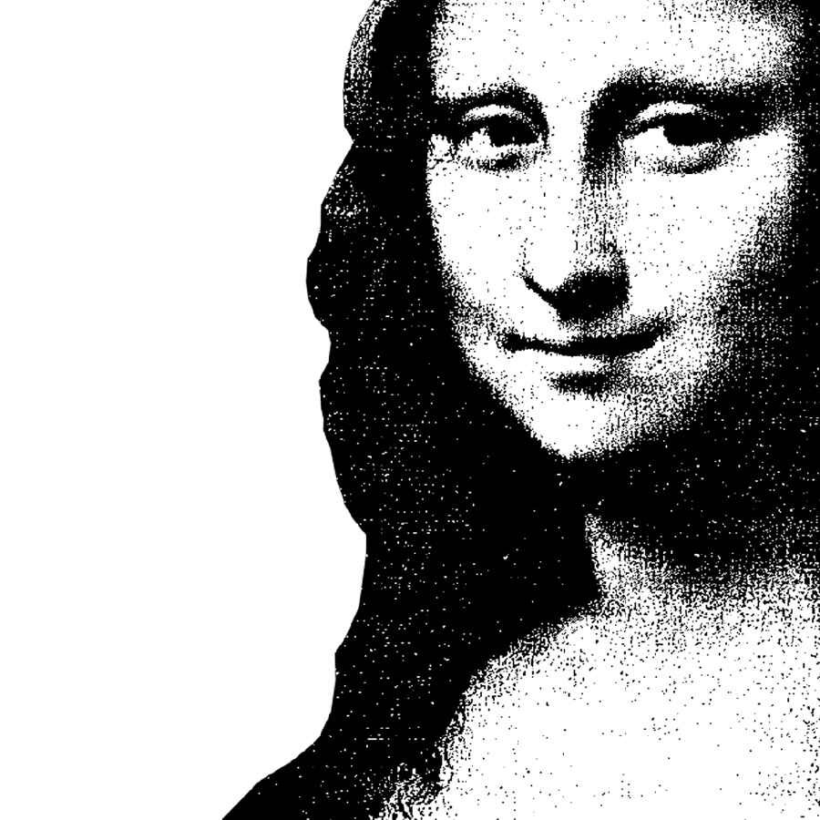 High-contrast black-and-white halftone portrait of a woman (Mona Liza) with a faint smile, cropped closely on the right side, with a large empty white area on the left.
