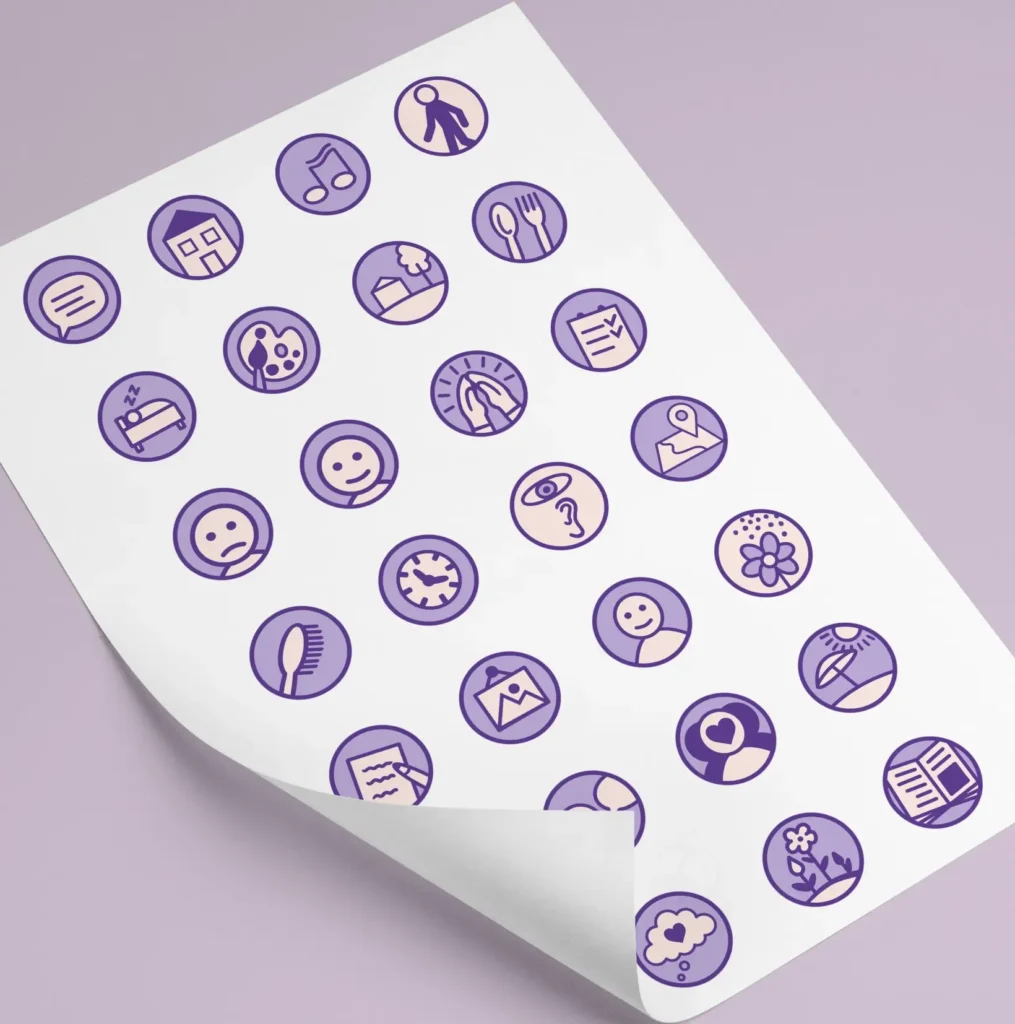 A collection of minimalist purple line icons designed for a dementia support publication, representing everyday activities, emotions, communication, health and well-being.