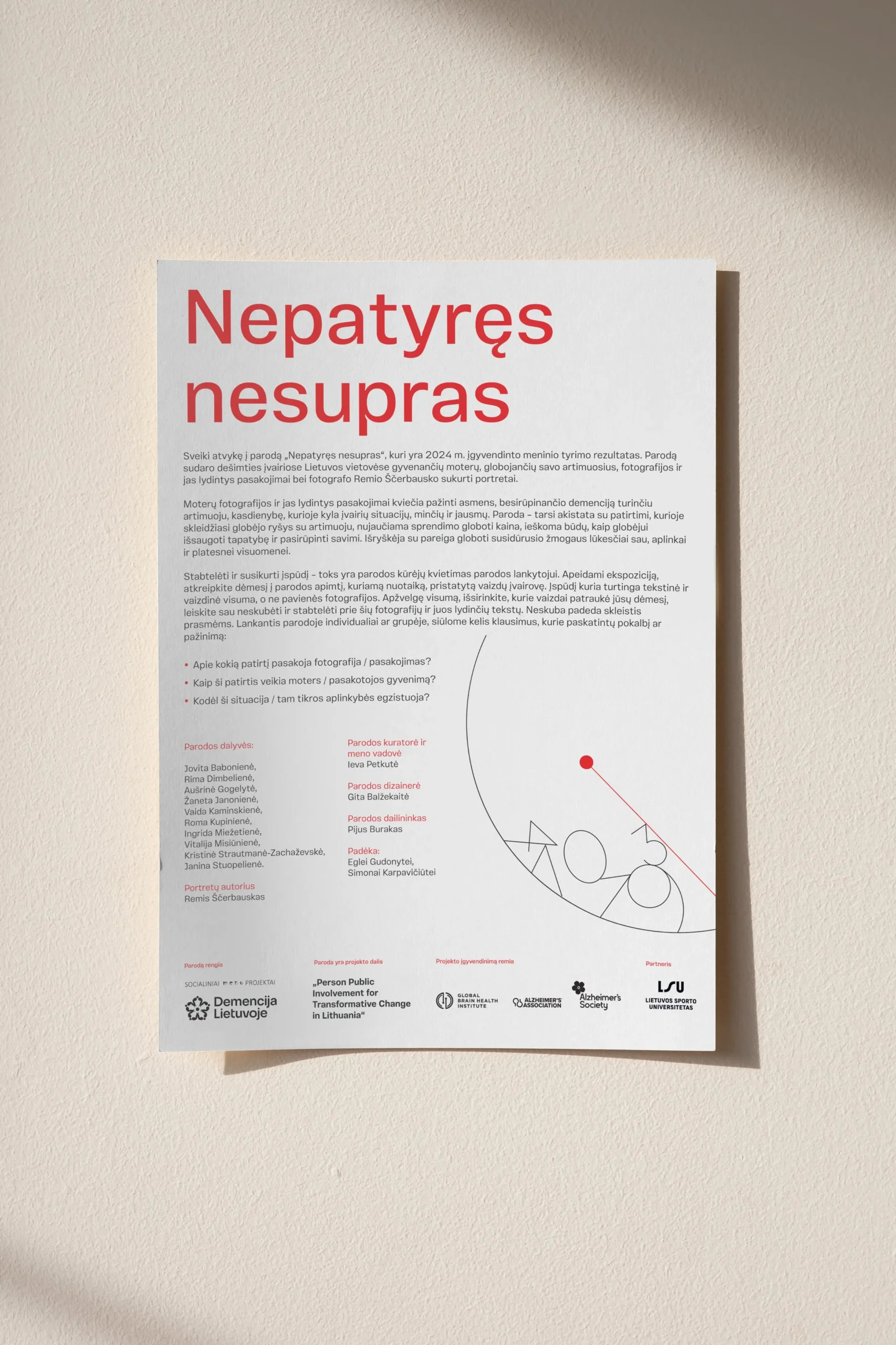 A white exhibition poster titled “You Can't Understand Until You've Experienced It,” featuring a large red headline, introductory text about the experiences of women caring for loved ones with dementia, exhibition credits, a minimalist geometric illustration and partner logos at the bottom.