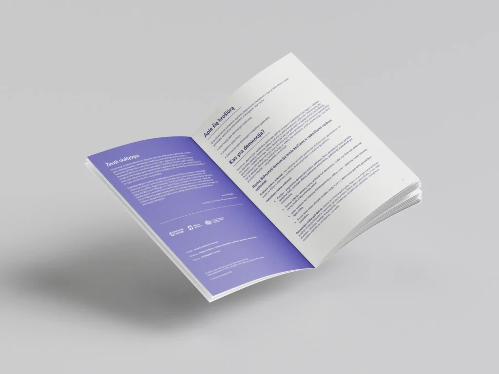 Open brochure showing an introductory page with white text on a purple background and an information page about dementia, featuring structured headings, paragraphs and bullet points. These descriptions are suitable for your portfolio website. They focus on the visible design, layout and content rather than describing every detail of the brochure.