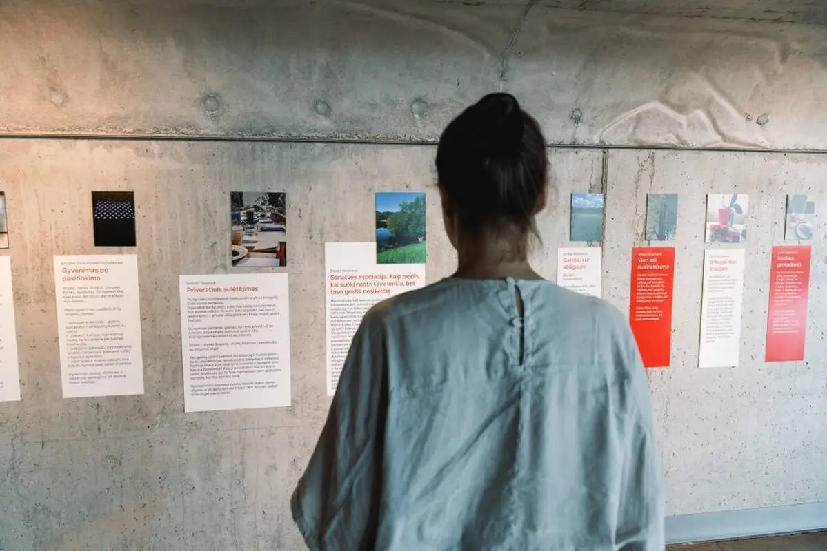 A woman viewing photographs and written stories about the experiences of dementia caregivers.