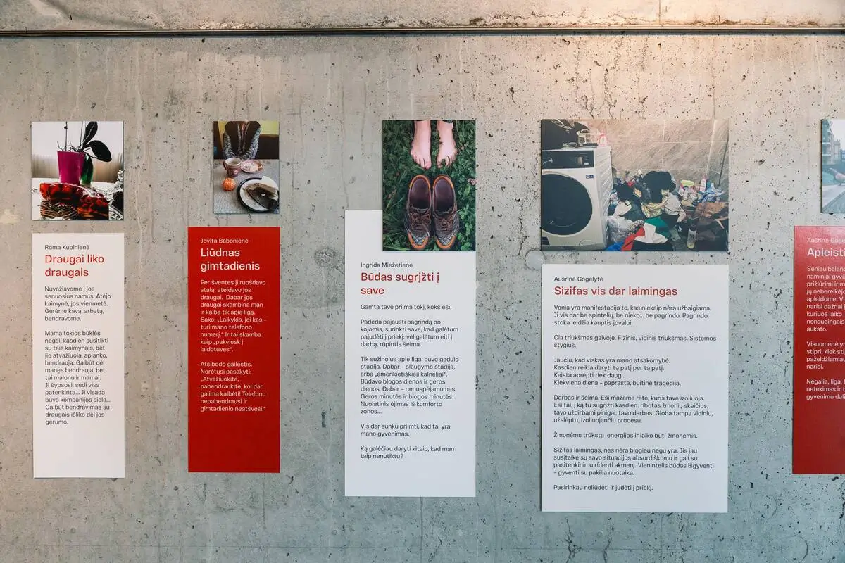 A series of photographs and written reflections about caring for loved ones with dementia, displayed on white and red panels.