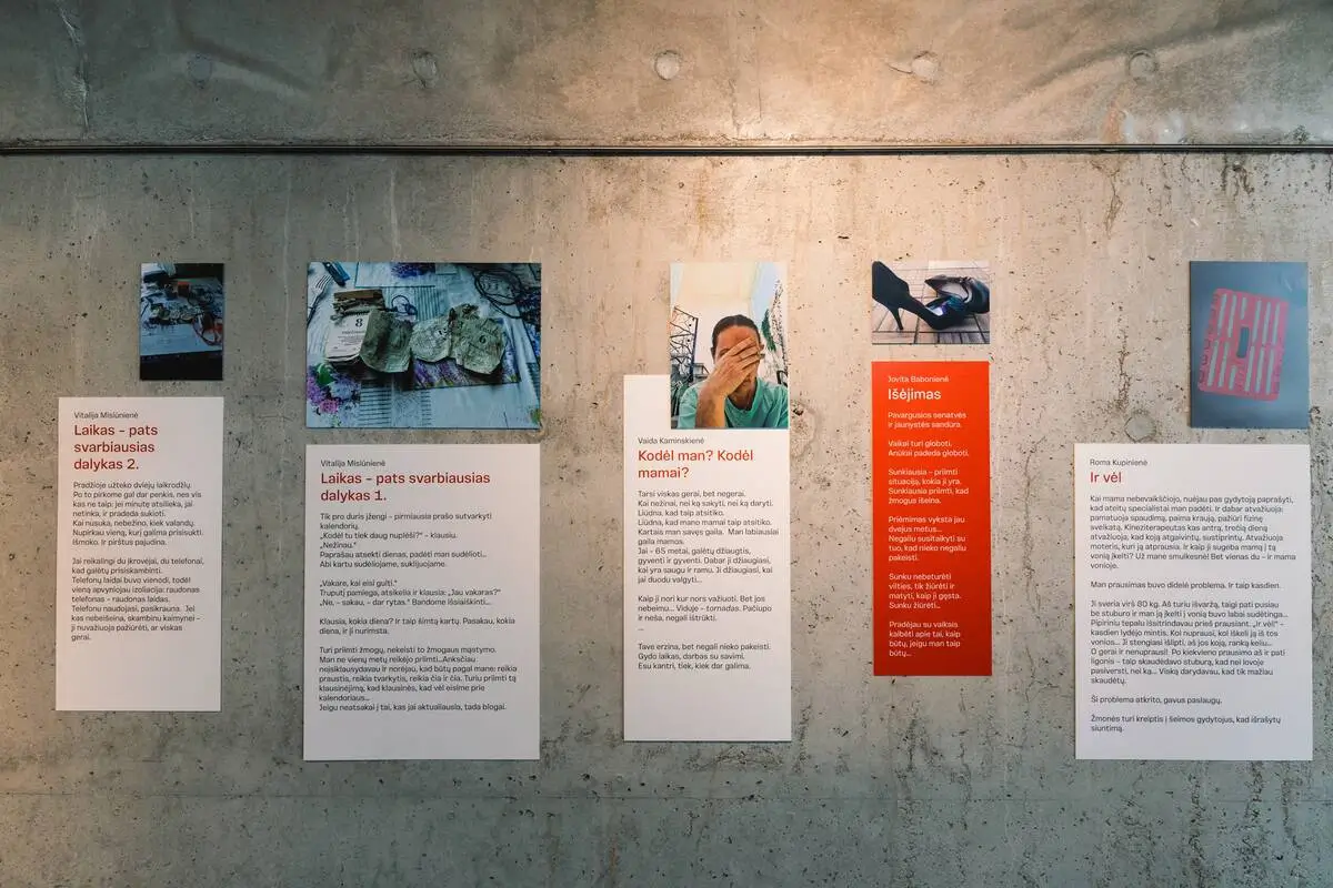 Exhibition panels combining photographs and personal accounts of the emotional challenges of dementia caregiving.
