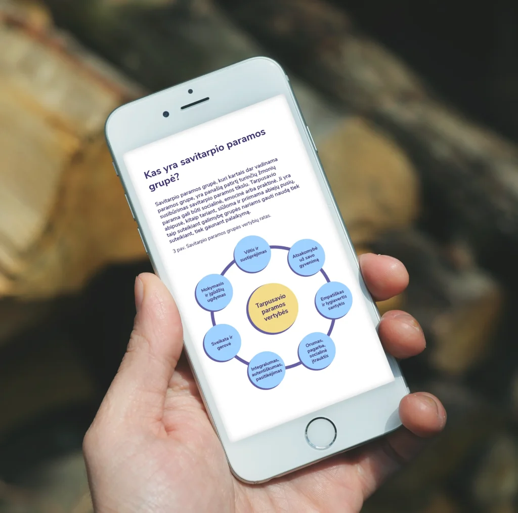 A smartphone displaying a page from an accessible PDF guide, featuring a circular infographic illustrating seven benefits of mutual support groups, using blue and yellow circles.